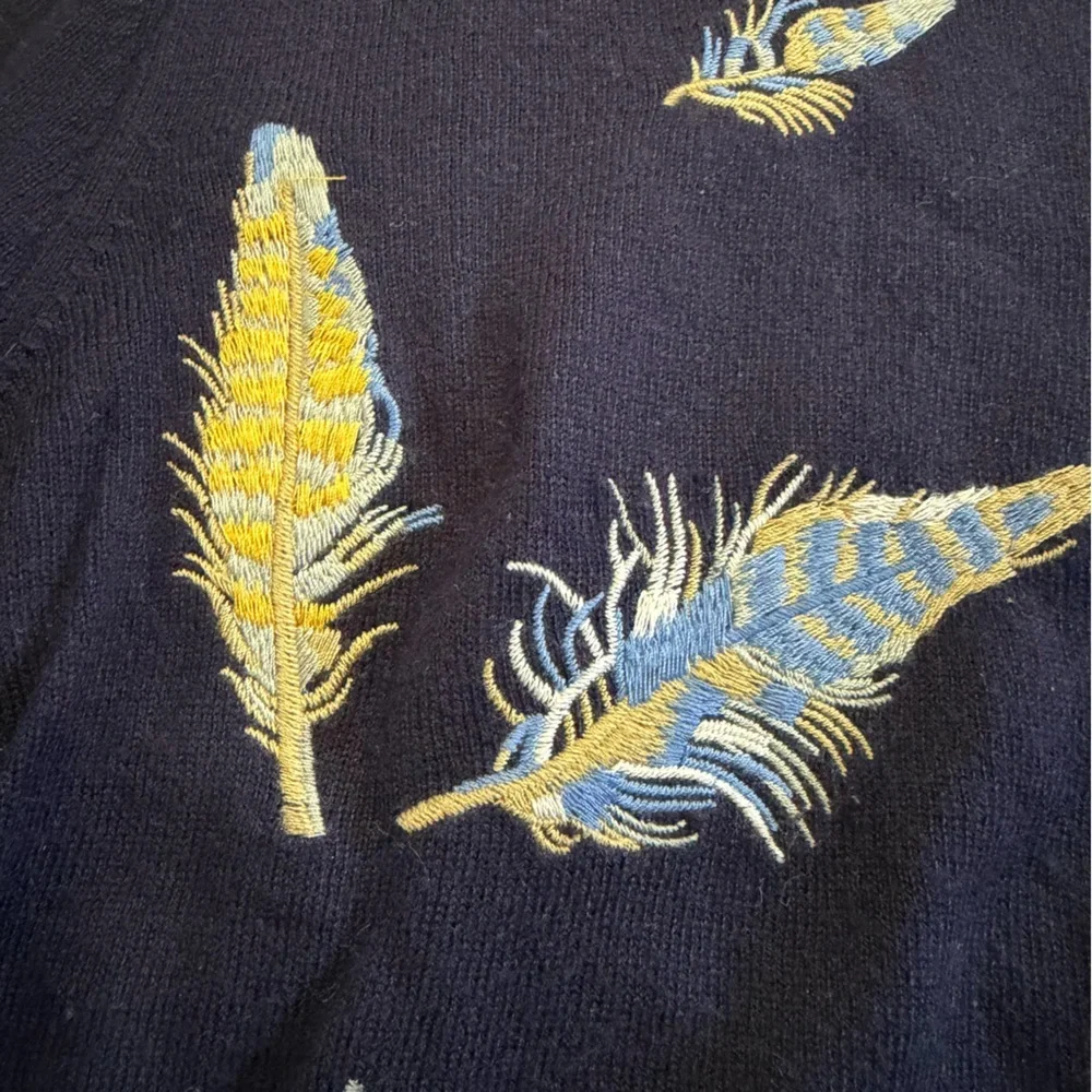 Talbots Petites Navy Lightweight Sweater Embroidered Feathers Size MP